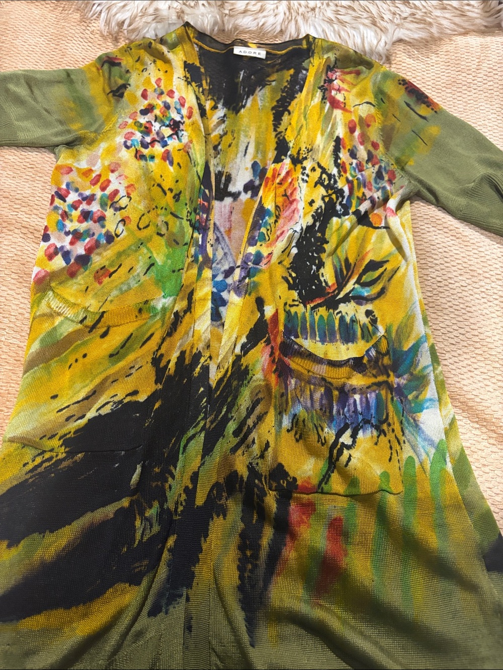 Adore Yellow Multicolor Abstract-Print open short sleeve duster